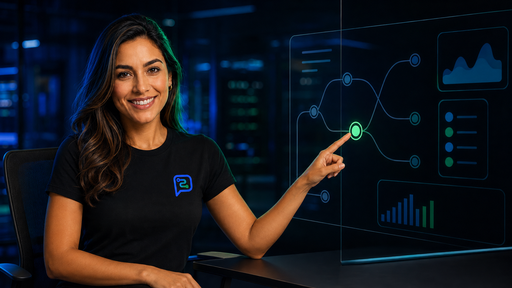 Embaixadora Maax API analisando indicadores em uma central de controle