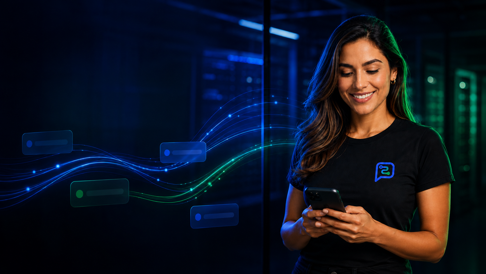 Embaixadora Maax API acompanhando no celular o fluxo de mensagens da operação