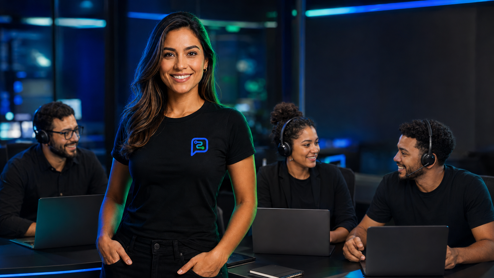Equipe brasileira de atendimento e operações Maax API trabalhando em uma sala tecnológica